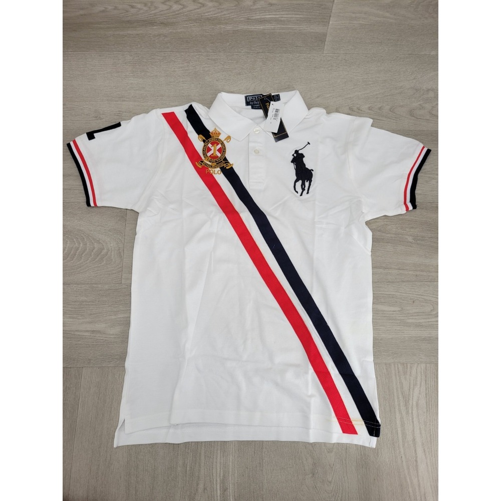 NWT Polo Ralph Lauren Polo Club Men's L Big Pony Custom Fit White Stripe Polo